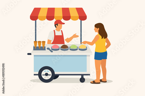 Street vendor selling ice cream from cart, customer choosing dessert