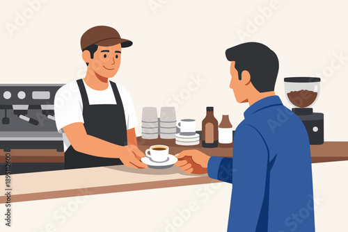 Barista handing over a cup of coffee to a customer in a cafe setting