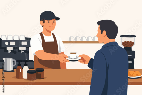 Barista wearing apron and cap is serving hot coffee to a customer at a cafe