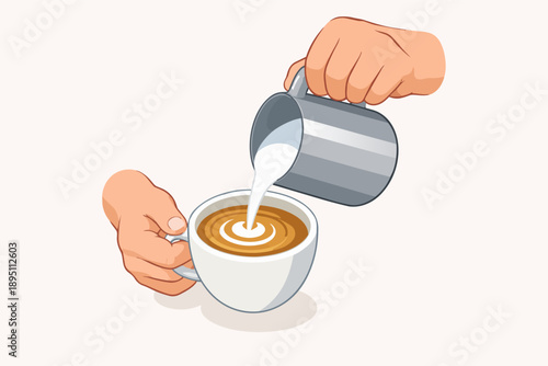 Barista hand creating latte art with steamed milk on a hot coffee