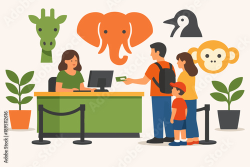 Family buying tickets at admission desk, preparing for a zoo visit