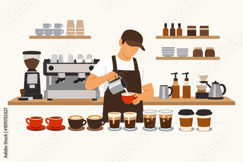 Barista preparing coffee latte art in cafe setting with various drinks