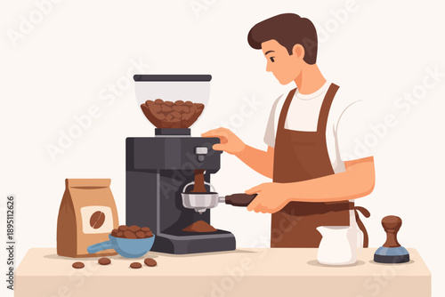 Barista grinding coffee beans for espresso in an automatic machine