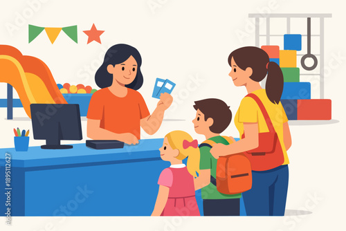 Family receiving admission tickets for children's indoor playground fun