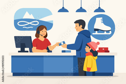 Buying ice skating tickets, family preparing for winter sports activity