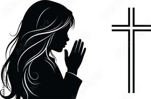 Praying girl silhouette beside Christian cross, faith and devotion concept, spiritual worship and prayer moment, religious belief and hope isolated on white background illustration