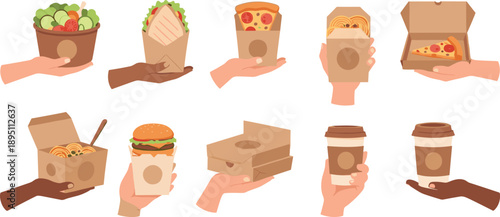 Hands Holding Takeaway Food Packaging and Drinks Set with Burger Pizza Coffee Flat Vector Illustration