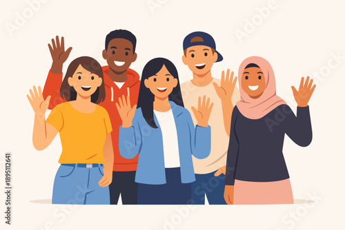 Diverse people group waving hands, smiling with happiness and unity