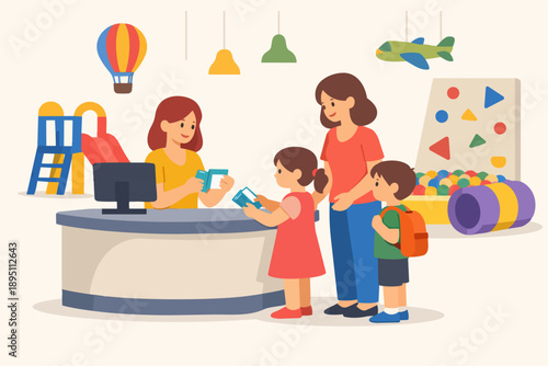 Family checking in at a playful children's center reception desk