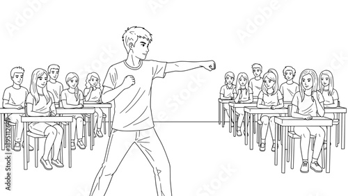 Teen practicing martial arts in classroom setting with peers