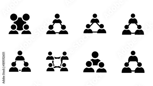 Collection of minimalist teamwork communication icons in black silhouette style