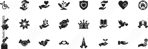 Charity and community support icons set for humanitarian aid volunteering and social care concepts