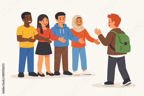 Diverse students welcoming a new peer to a multicultural community