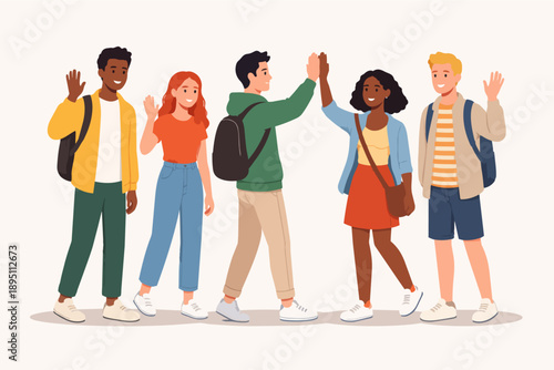 Diverse students high-fiving and greeting, celebrating friendship and education