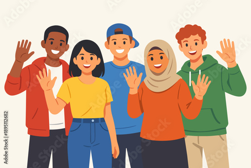 Diverse group of young people waving, symbolizing unity and multicultural friendship