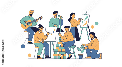 Vector illustration of a diverse group of people engaging in creative activities