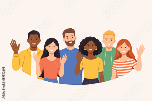 Diverse people waving, expressing welcome and inclusivity