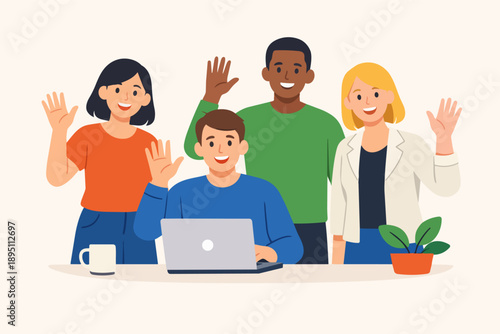 Diverse team waving, collaborating online, enjoying welcoming work environment