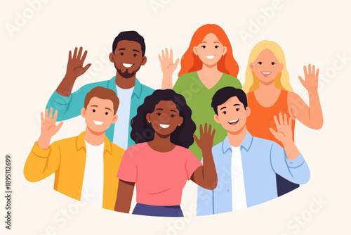 Diverse group of smiling people waving hands in greeting and welcoming