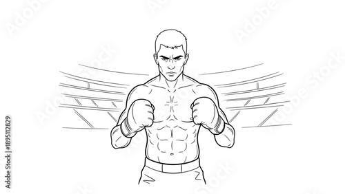 Confident boxer in arena ready for match outline sketch