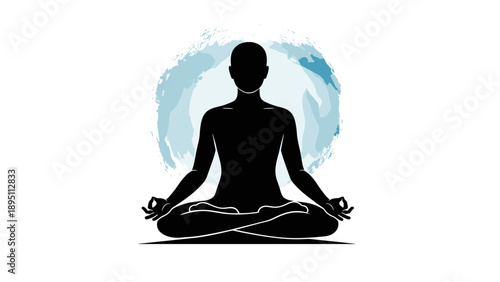 Serene yoga silhouette meditation pose with watercolor circle backdrop