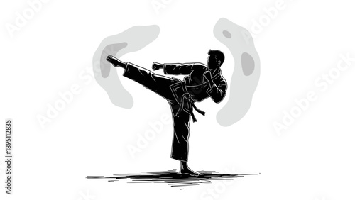 Dynamic karate kick silhouette with smoky background
