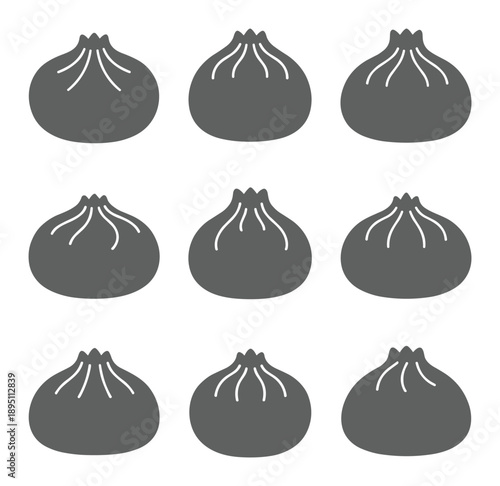 A grid of nine dark rounded shapes resembling dumplings with internal line details silhouette grid layout