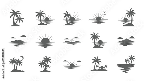 Tropical island scenes with palm trees and sun imagery in a dark silhouette set isolated