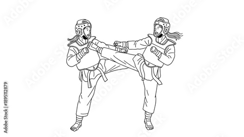 Martial arts sparring: two women in protective gear engaged in intense combat
