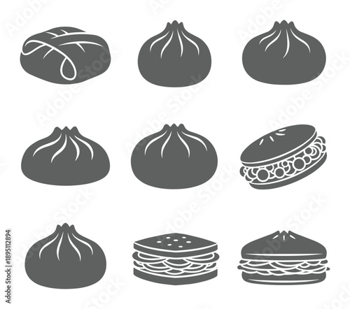 Traditional asian dumplings steamed buns and sandwiches in a dark isolated vector silhouette