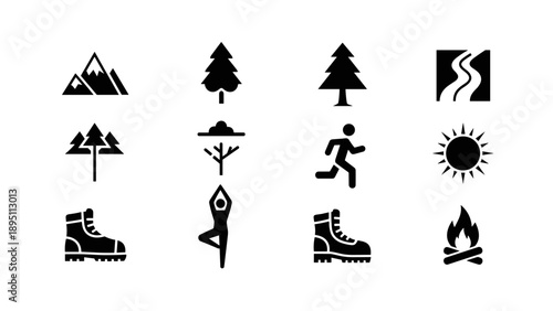 Outdoor recreation icons: hiking, camping, fitness, nature activities in minimalist style