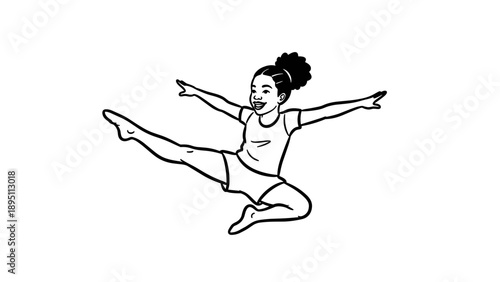 Energetic girl in mid air jump with joyful expression in outline style