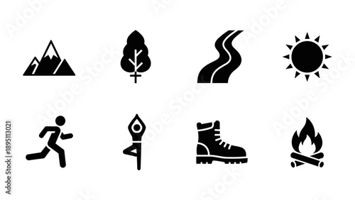 Minimalist outdoors icons: hiking, yoga, nature, adventure, camping symbols