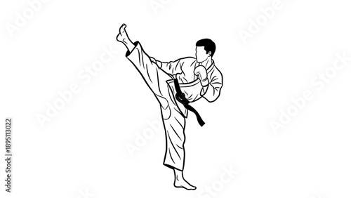 Martial artist in high kick pose line art black belt karate