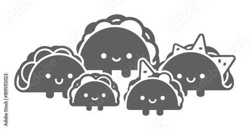A collection of cute taco characters a grey silhouette set isolated