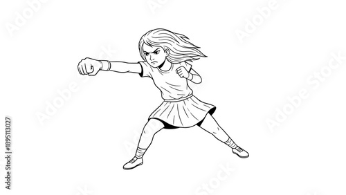 Dynamic line art of young girl punching with determined expression
