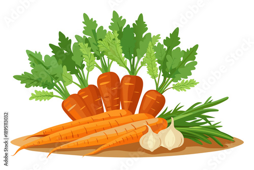 A cheerful illustration shows a vibrant pile of fresh carrots, some with green tops, alongside two garlic cloves, arranged invitingly on a rustic background.