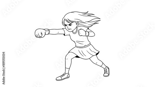 Dynamic cartoon girl in action pose with boxing gloves