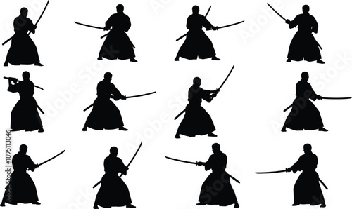 Set of samurai warrior silhouettes practicing sword combat poses isolated on white background, traditional Japanese martial arts vector collection for design, illustration, logo, and tattoo use