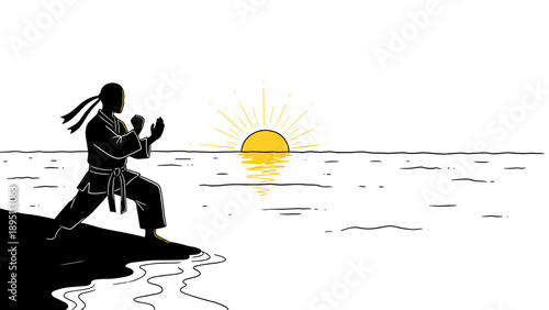 Martial artist practicing at sunrise by the sea in silhouette style