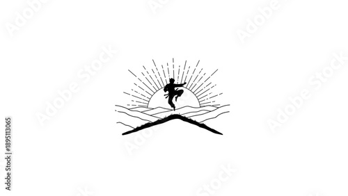 Sunrise dancer silhouette on mountain: minimalist boho design with radiant line art style