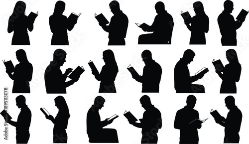 Silhouettes of diverse people reading books in various poses, education concept, knowledge, learning, study habits, literature lovers isolated on white background collection illustration