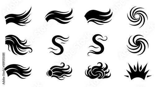 Stylized hair silhouettes set with swirl and wave designs