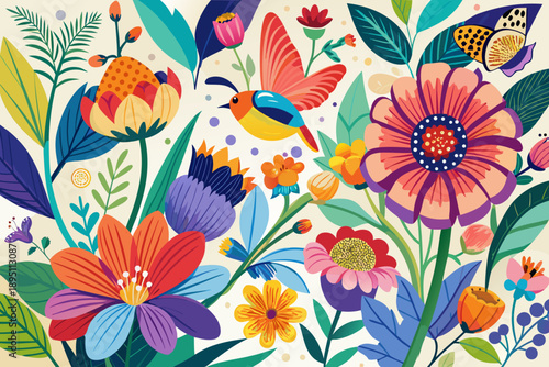 This delightful illustration displays an abundant and richly colored garden scene with various blooming flowers, lush foliage, a small bird, and a butterfly.