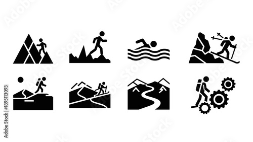 Adventure icons set: hiking, swimming, climbing, skiing activities in bold minimalist style
