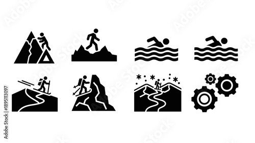 Outdoor activity icons set: hiking, swimming, skiing, climbing, gear