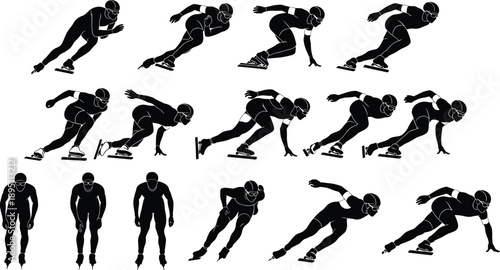 Speed skating athlete silhouettes collection showing dynamic ice racing poses winter sports motion icons isolated on white background vector illustration for professional design use