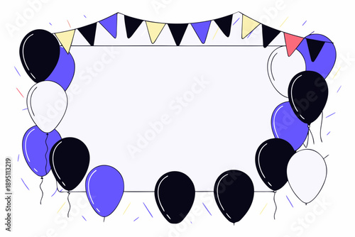 A sleek and modern border frame created with black and blue balloons and a stylish bunting banner, enclosing a clean central space.