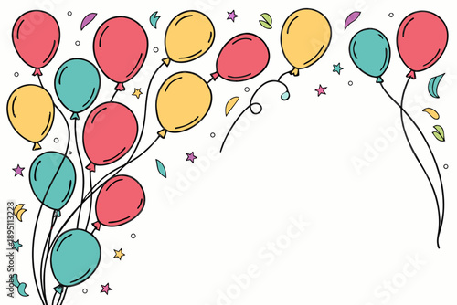A cheerful cluster of colorful balloons with scattered stars and confetti creates a vibrant decorative element in the upper left corner.