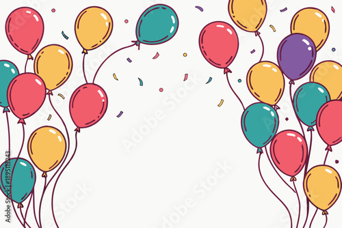 Festive bunches of colorful balloons with strings and scattered confetti gracefully adorn the top corners of a light background.